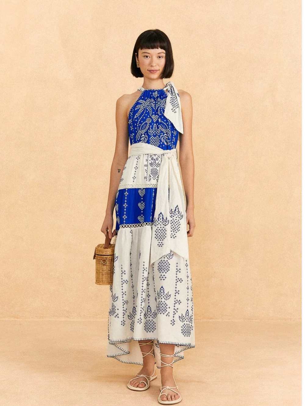 Farm Rio NWT Blue and White Embroidered Jungle Scarf Halter Midi Dress